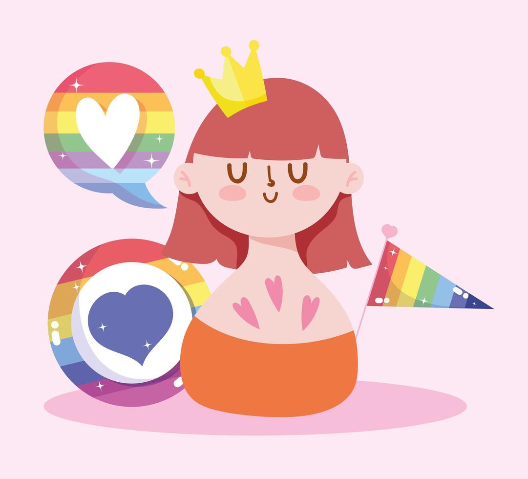 Girl cartoon with crown lgtbi flag and hearts vector design