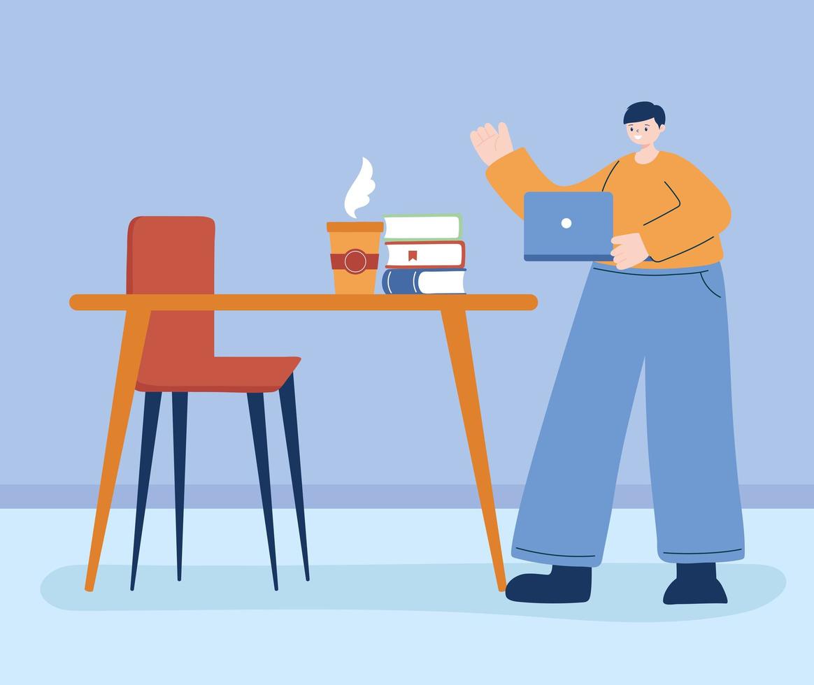 Man with laptop and books on desk vector design