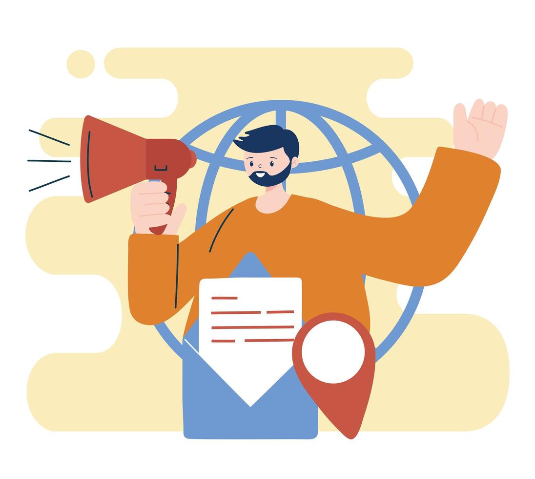 Man avatar with megaphone and envelope vector design