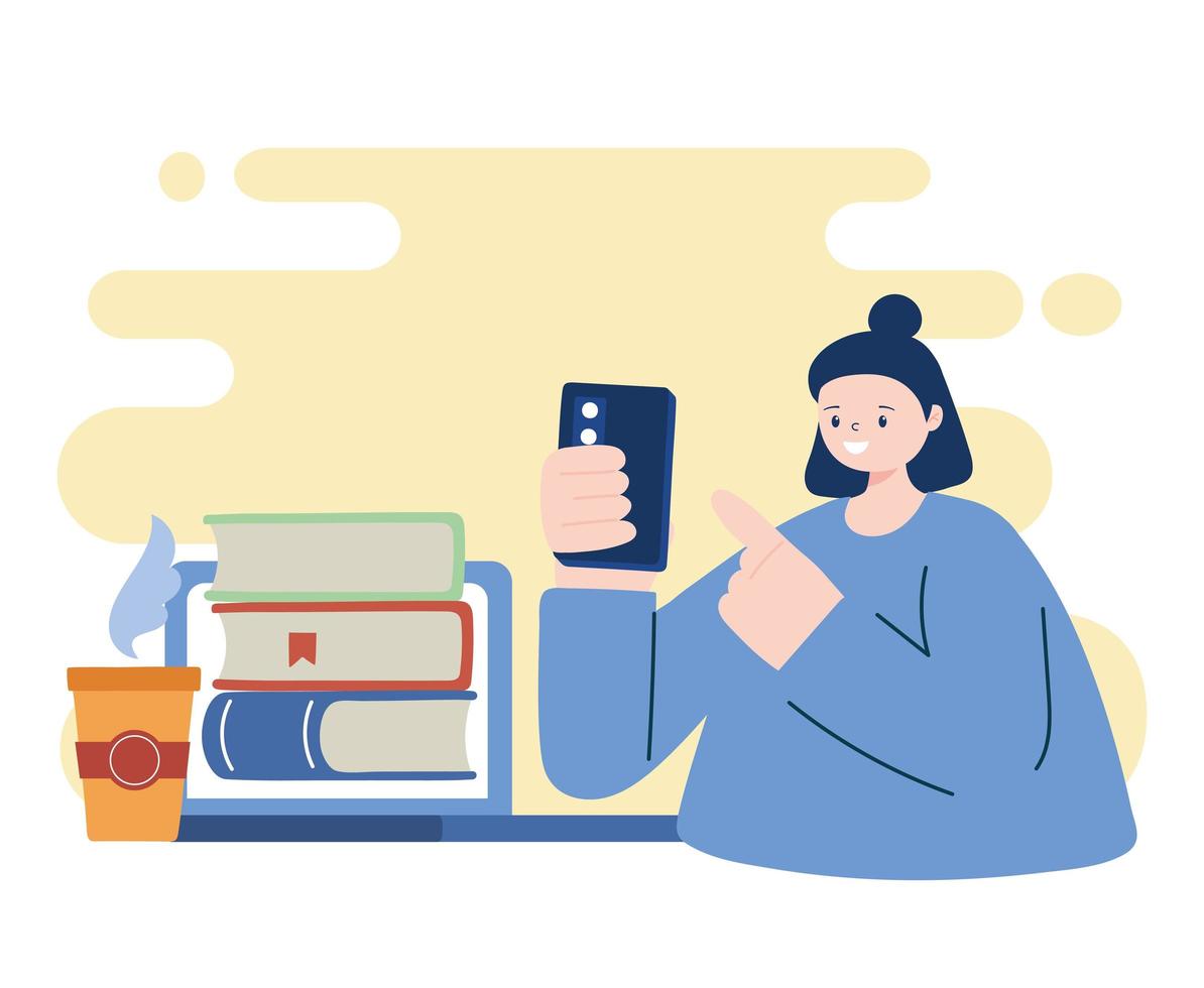 Woman with smartphone and books vector design