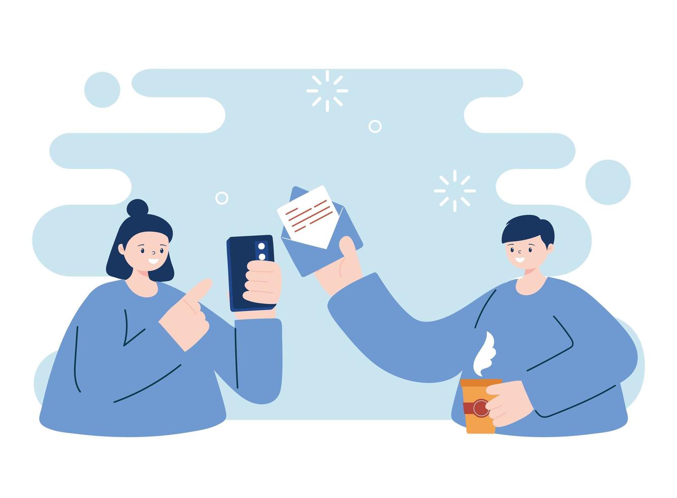 Woman and man with smartphone and envelope vector design