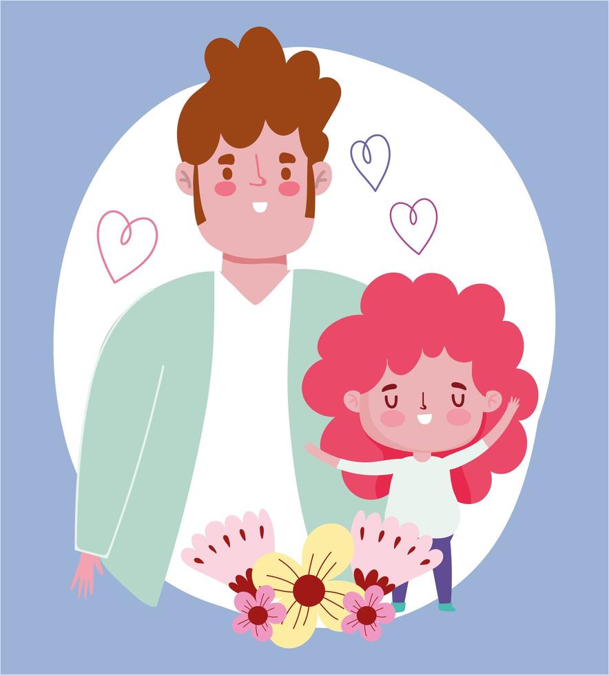 happy fathers day, dad with son hearts love flowers cartoon vector