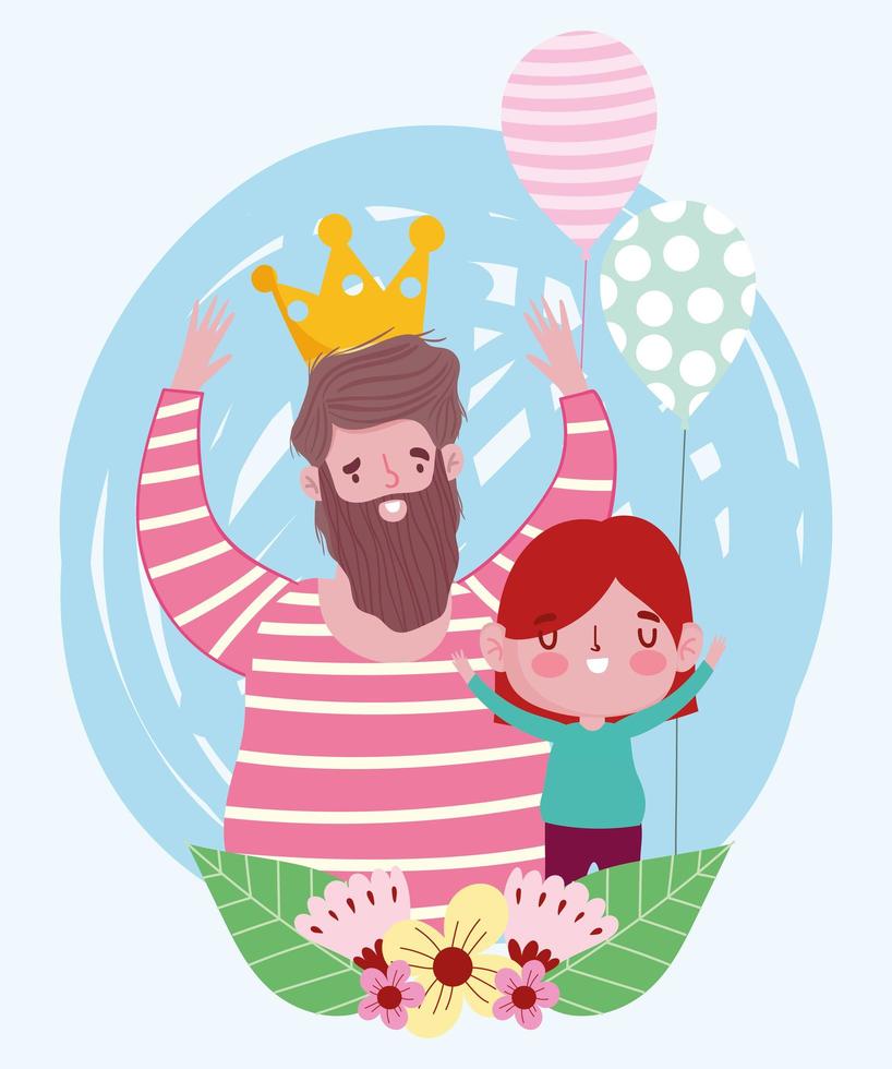 happy fathers day, bearded man wearing crown with her son with balloon vector