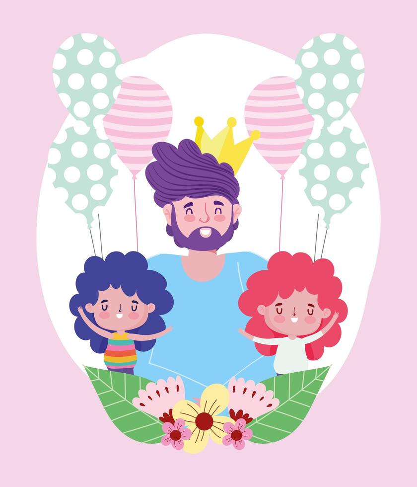 happy fathers day, dad with little boys and balloons decoration vector