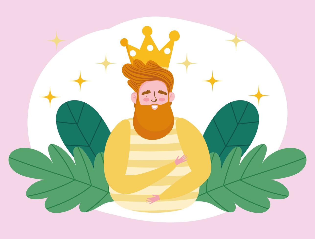 happy fathers day, bearded man with gold crown foliage decoration vector