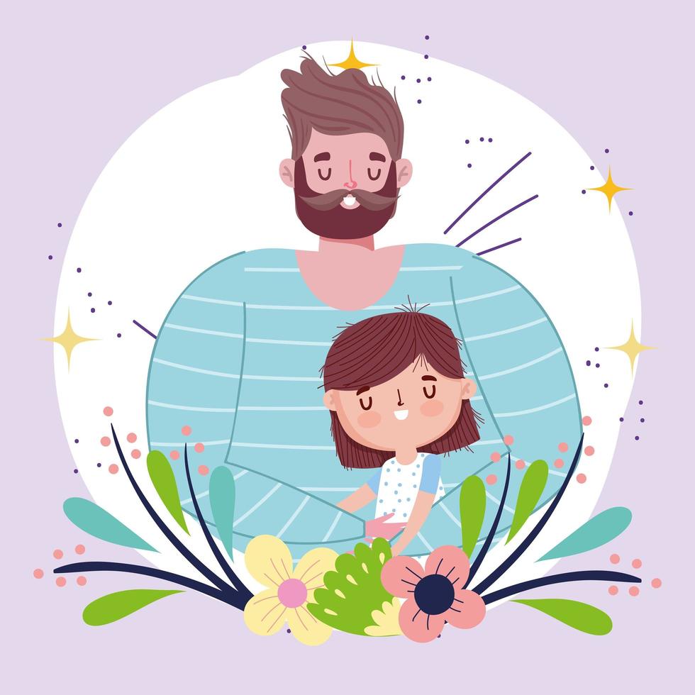 feliz día del padre, papá con hija flores follaje decoración vector