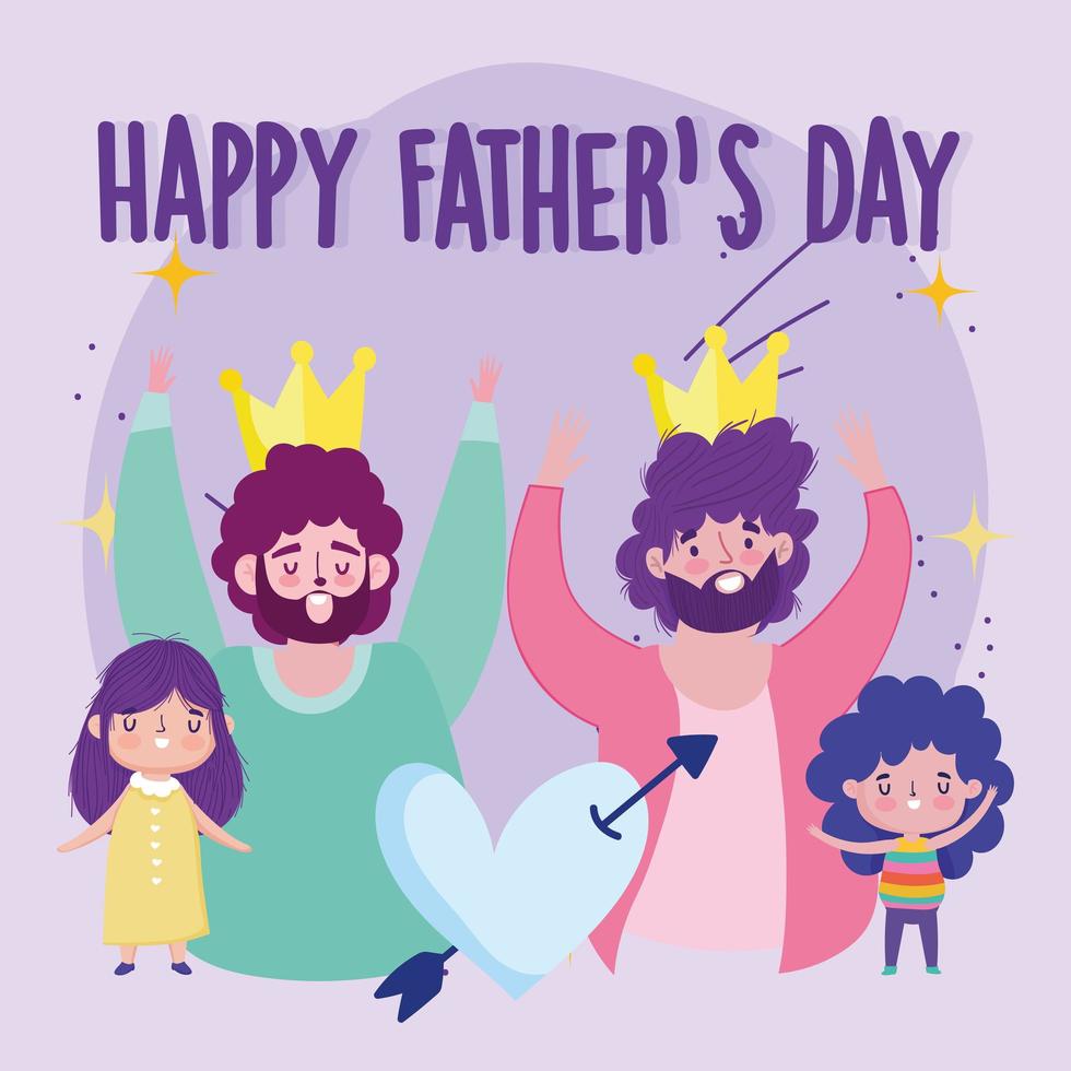 happy fathers day, dads with crowns daughter and son heart love cartoon vector