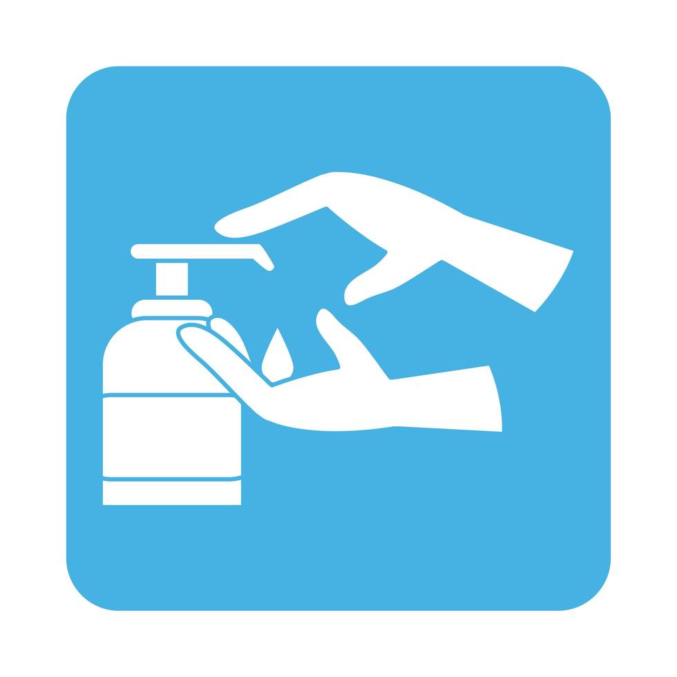 dispensador de prevención de coronavirus covid 19 jabón líquido en manos icono de estilo de bloque vector