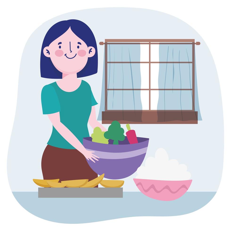 people cooking, woman with vegetable bowl dessert and cream in the table vector