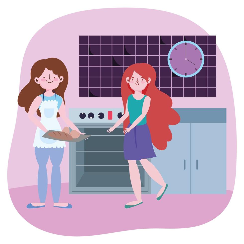 people cooking, girls baking bread in the kitchen vector