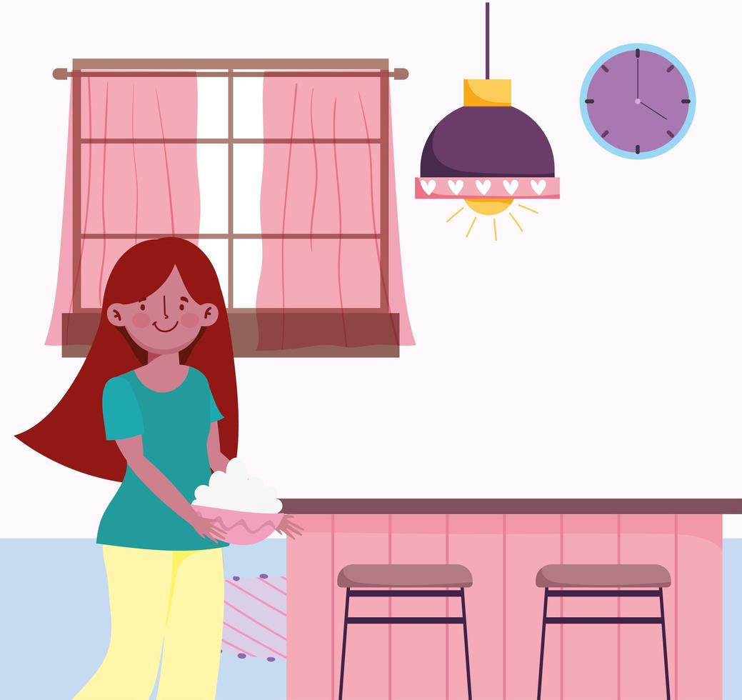 gente cocinando, niña con cuenco, sillas, lámpara de techo y ventana en la cocina vector