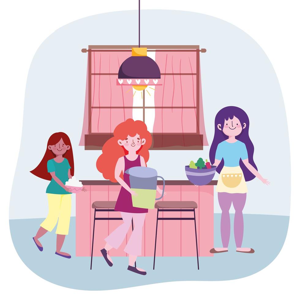 people cooking, girls with juice jar vegetables and cream in the kitchen vector