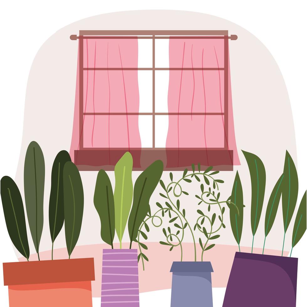 Plantas en macetas y decoración de ventanas, diseño de interiores para el hogar. vector