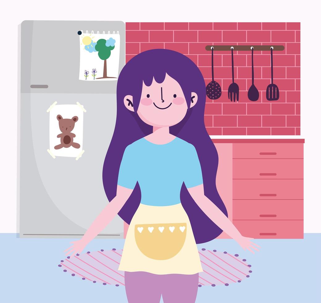 chica con cubiertos de nevera en la cocina vector