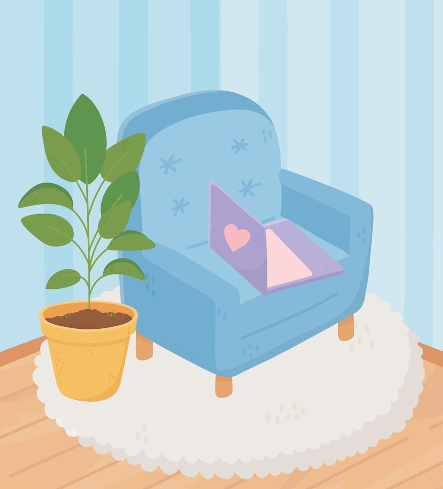 sweet home armchair with laptop potted plant on carpet vector