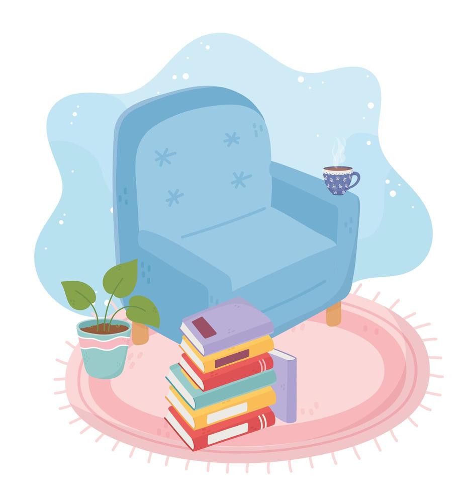 sweet home armchair coffee cup stack of books potted plant on carpet vector