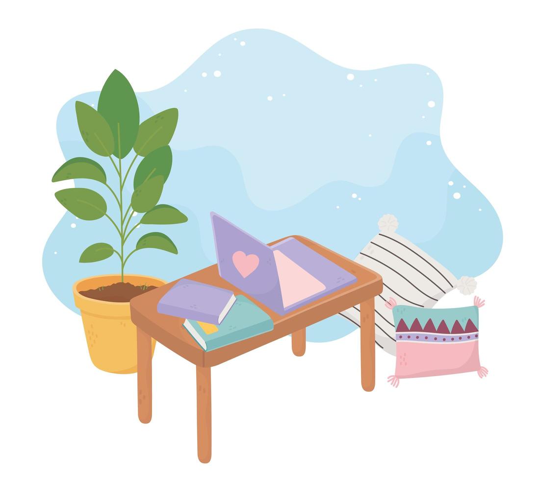 sweet home table with laptop books, cushions and potted plant on floor vector