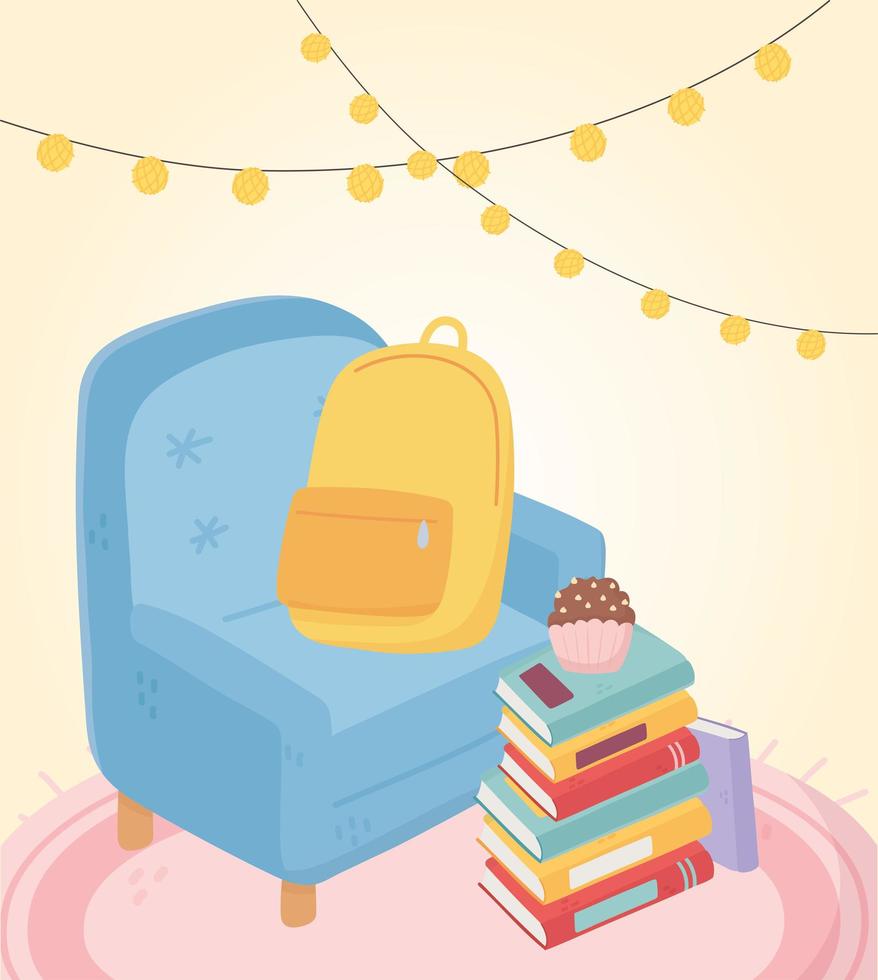 Sweet Home sillón mochila cupcake en pila de libros y luces vector