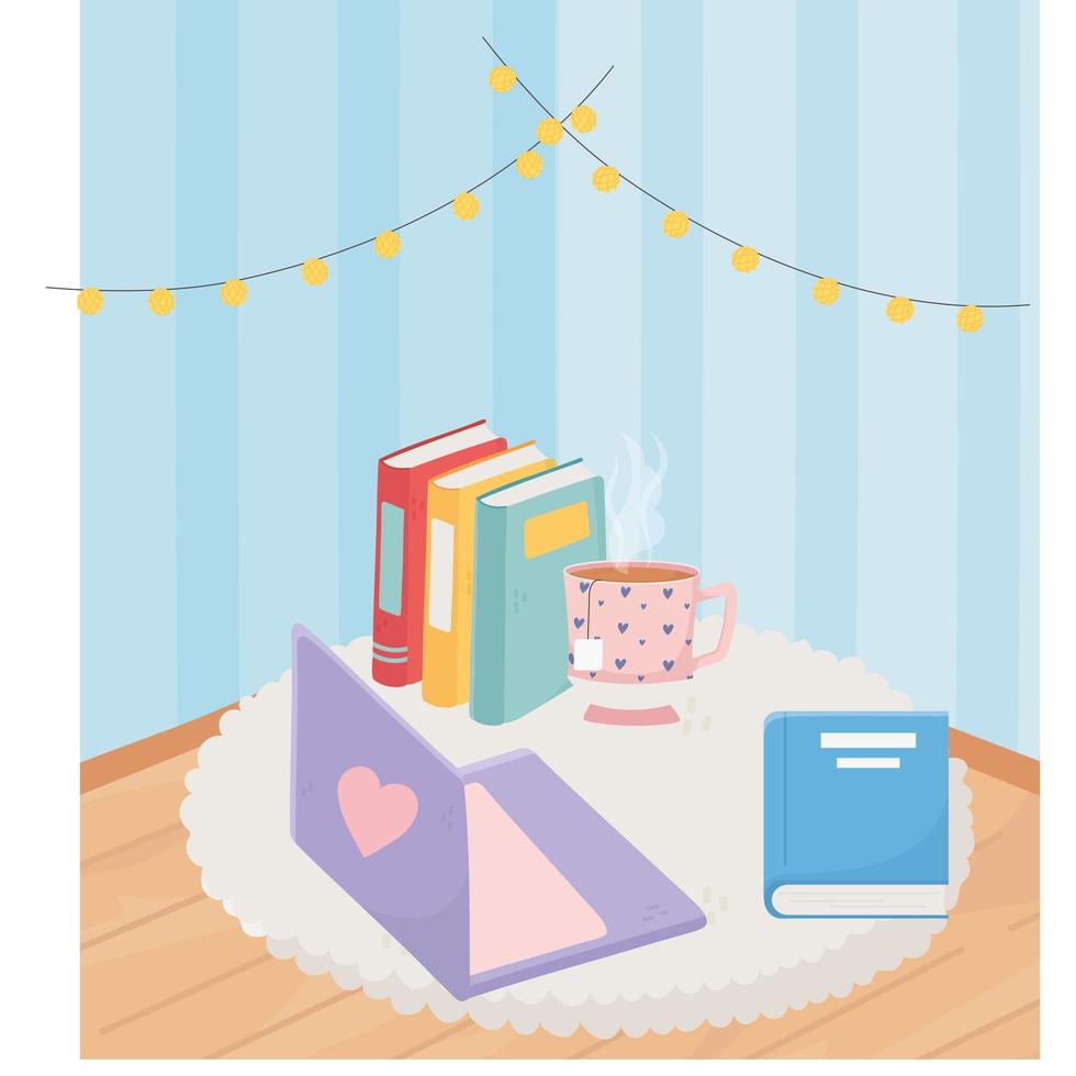 sweet home laptop tea cup stacked of books lights decoration vector