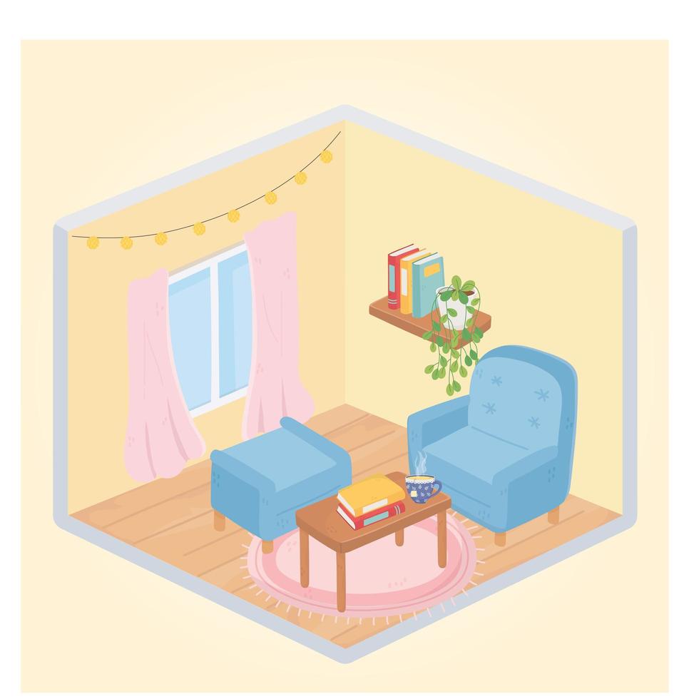 sweet home armchair footrest table with books and coffee cup vector