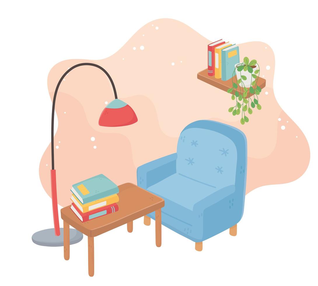 sweet home armchair stack of books potted plant floor lamp vector