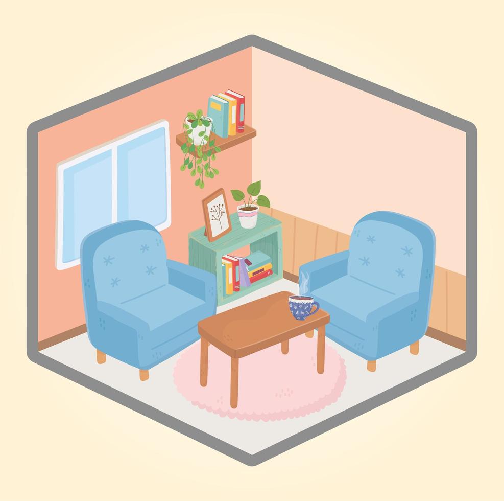 sweet home armchairs table coffee cup books shelf window potted plant vector