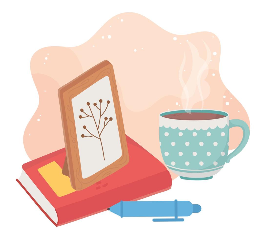 sweet home picture frame book pen and coffee cup vector