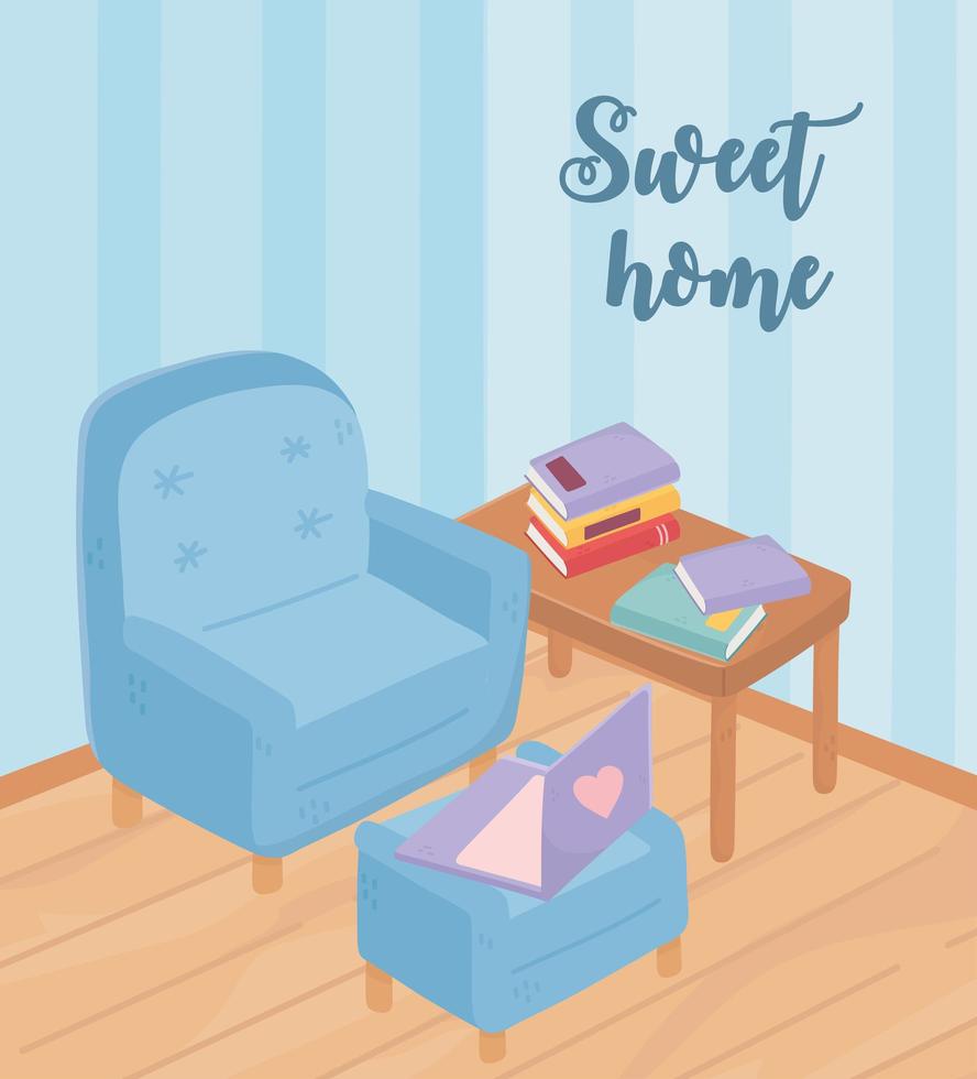 Sweet Home sillón reposapiés portátil y mesa con pila de libros vector