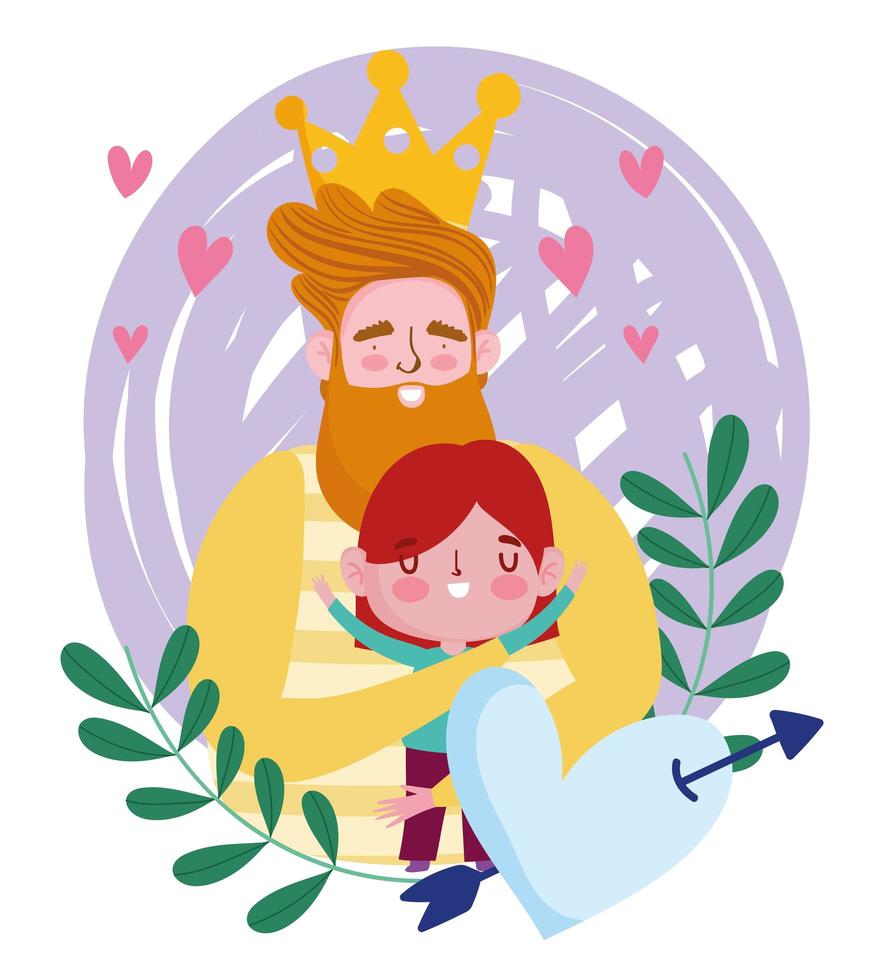happy fathers day, bearded dad with crown hugging a son, heart pierced arrow vector