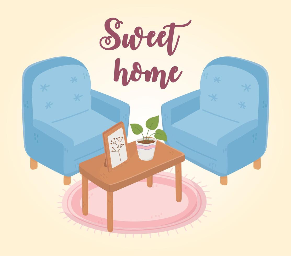 Mesa de sillones Sweet Home con decoración de plantas y marcos. vector