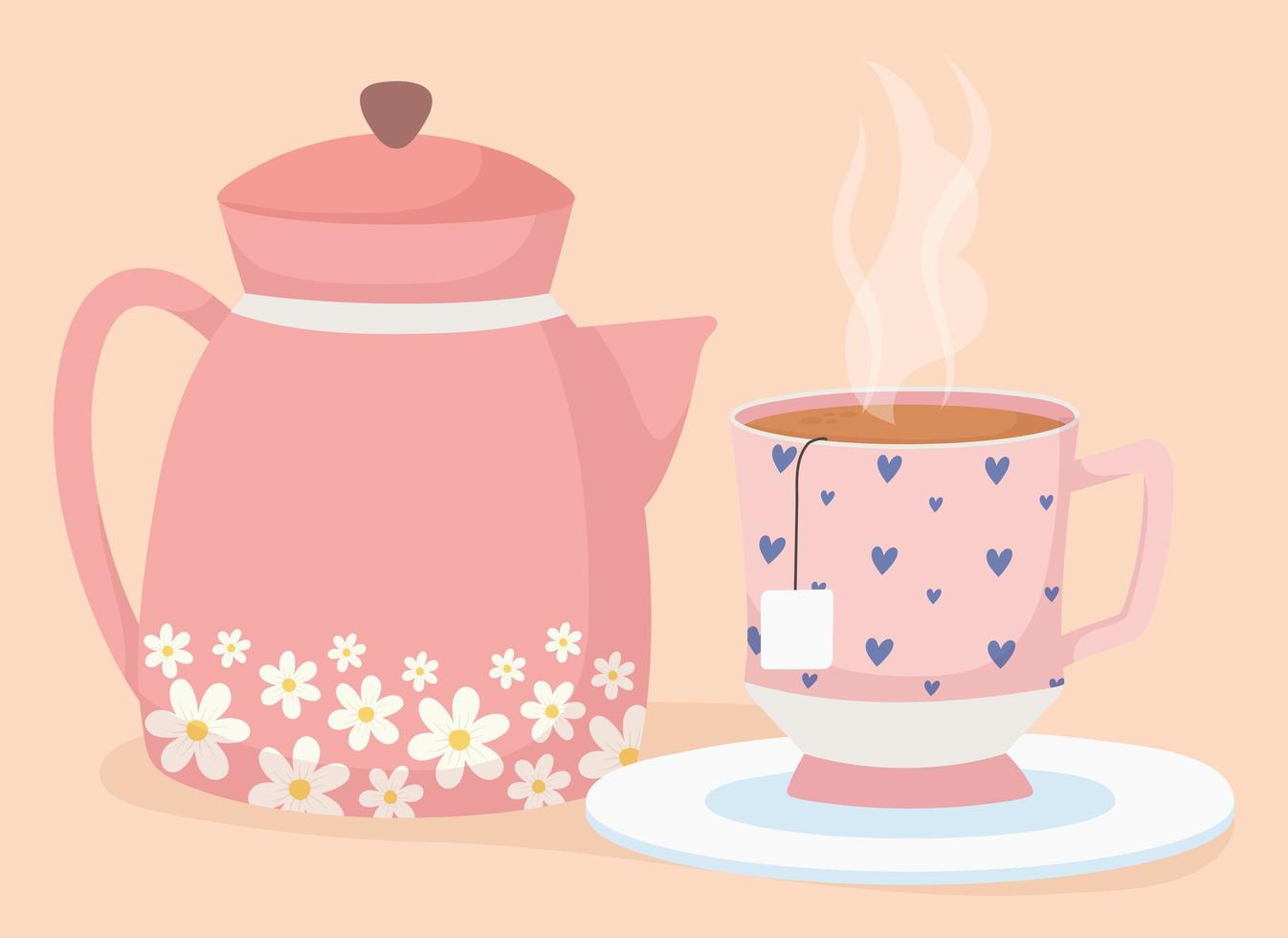 la hora del té, decorativa en taza y caldera bebida fresca vector