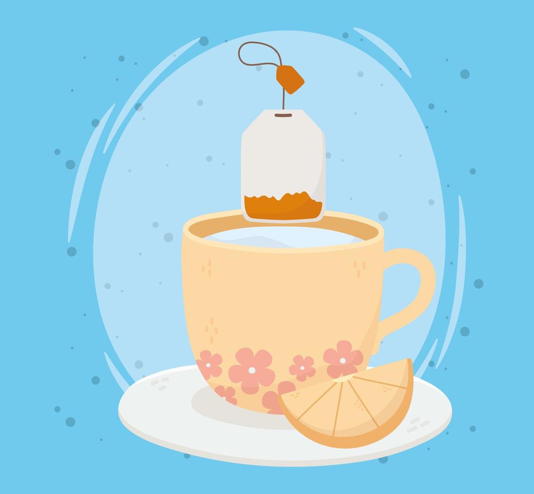 tea time, tea cup with tea bag slice lemon on saucer vector