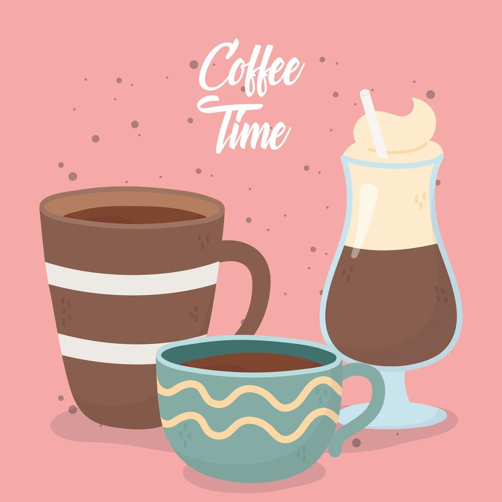 coffee time, cups and cold latte fresh aroma beverage vector