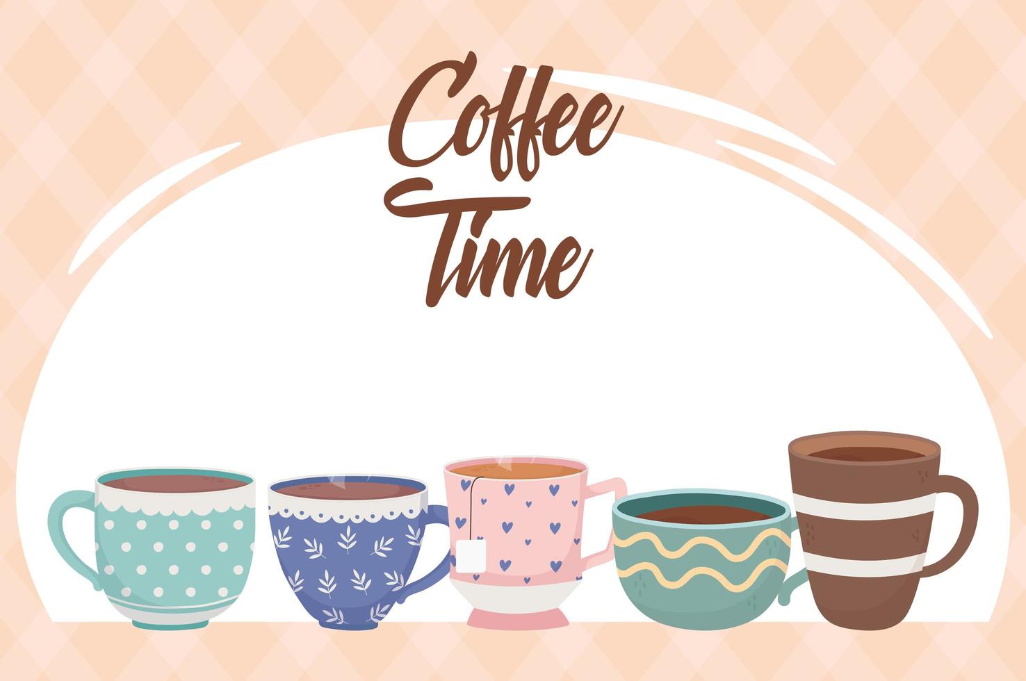 la hora del café, diferentes tazas de café y té bebida de aroma fresco vector