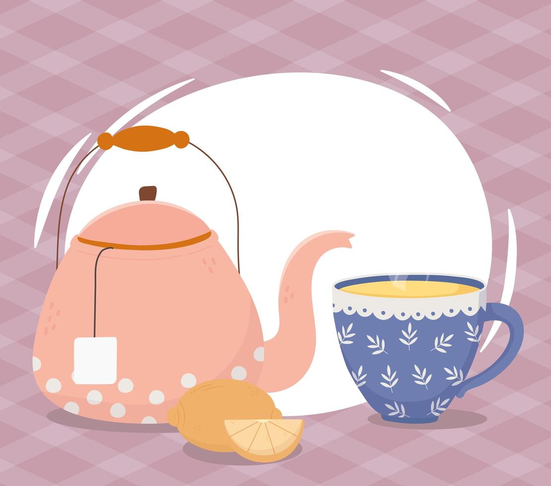 la hora del té, la taza de la tetera y el diseño entero de bebida de medio limón. vector