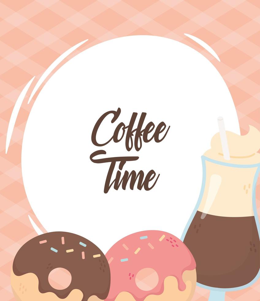 coffee time, latte cup with straw and donuts fresh aroma beverage vector