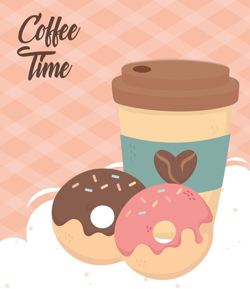 la hora del café, para llevar y deliciosas rosquillas bebida de aroma fresco vector