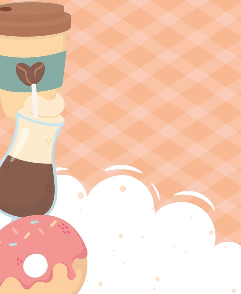 coffee time, takeaway and latte cups donut fresh aroma beverage vector