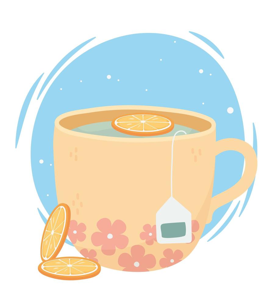 tea time, cup of tea with orange slices and tea bag fresh drink vector