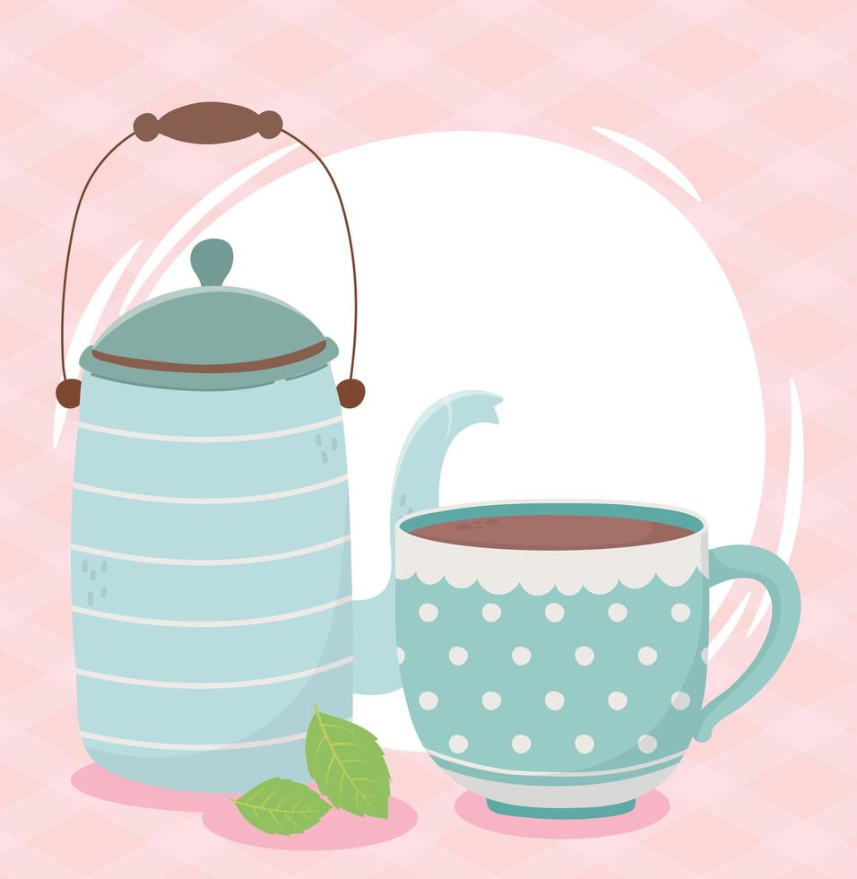 coffee time, kettle and cup leaves fresh aroma beverage vector