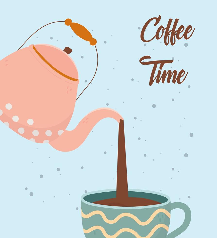 la hora del café, hervidor de agua vertiendo en una taza bebida de aroma fresco vector