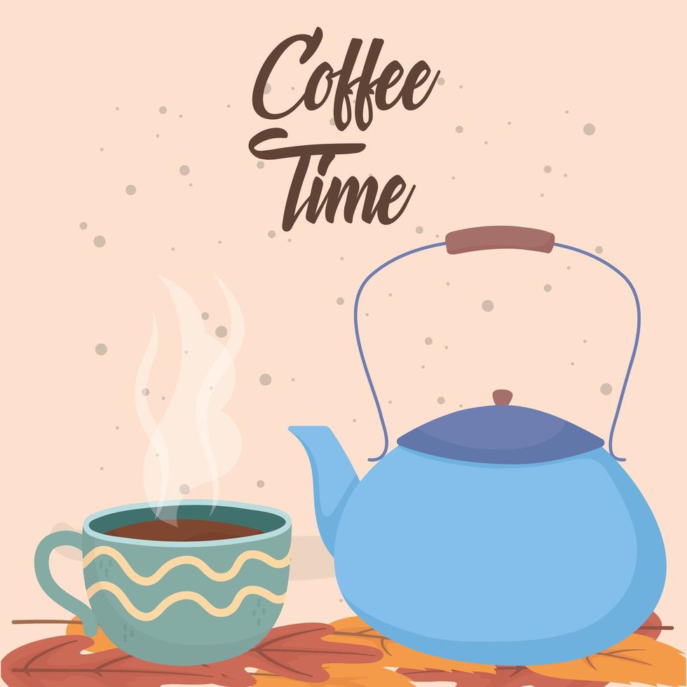 la hora del café, las tazas y la tetera en hojas de bebida de aroma fresco vector