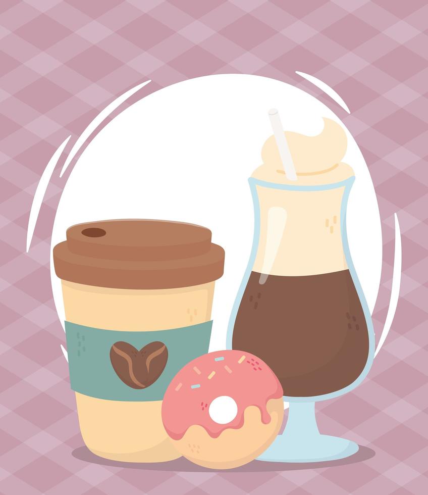 coffee time, takeaway cup latte and donut fresh aroma beverage vector