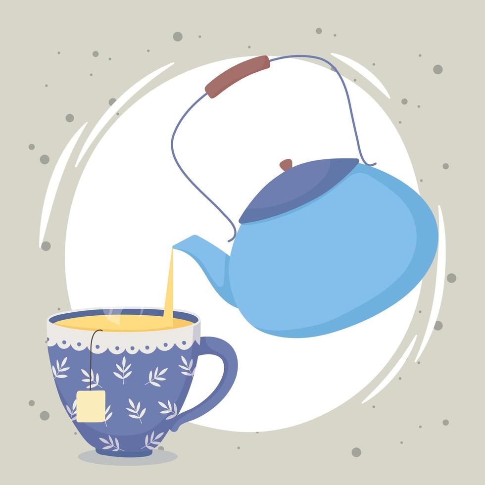 tea time, kettle pouring tea in cup beverage design vector