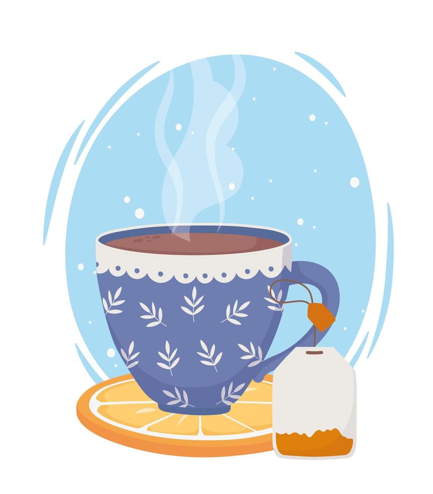 la hora del té, taza azul con bolsita de té en rodajas de naranja fresca vector