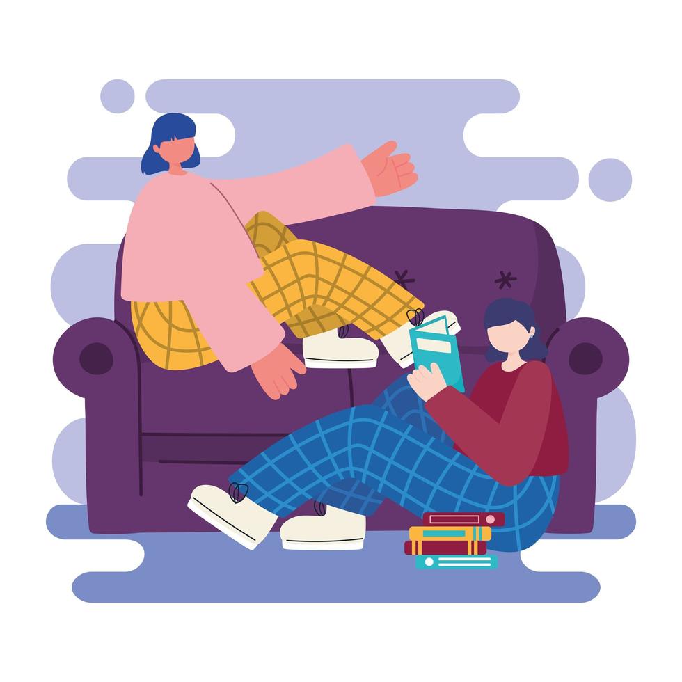 people activities, young woman sitting on sofa and girl reading book vector