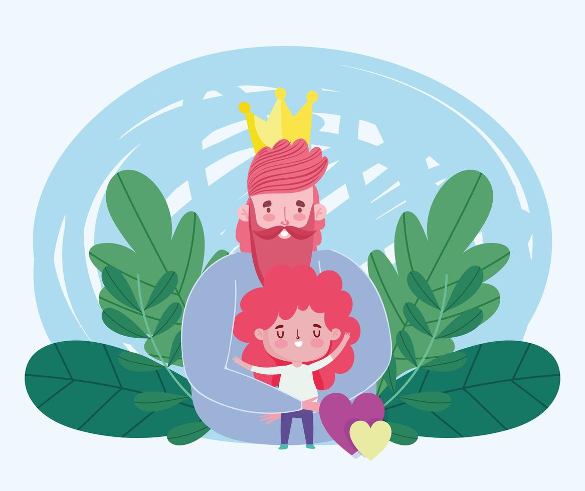 happy fathers day, dad with crown hugging a son, hearts love vector