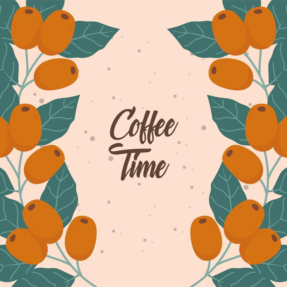 tiempo de café, rama de semillas deja diseño de letras de bebidas frescas vector