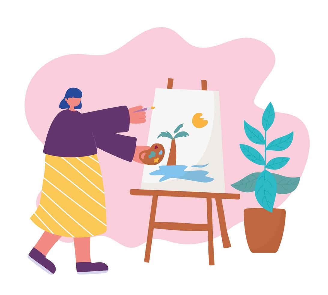 Actividades de personas, mujer artista dibujando sobre lienzo con paleta de color en la mano y pincel vector