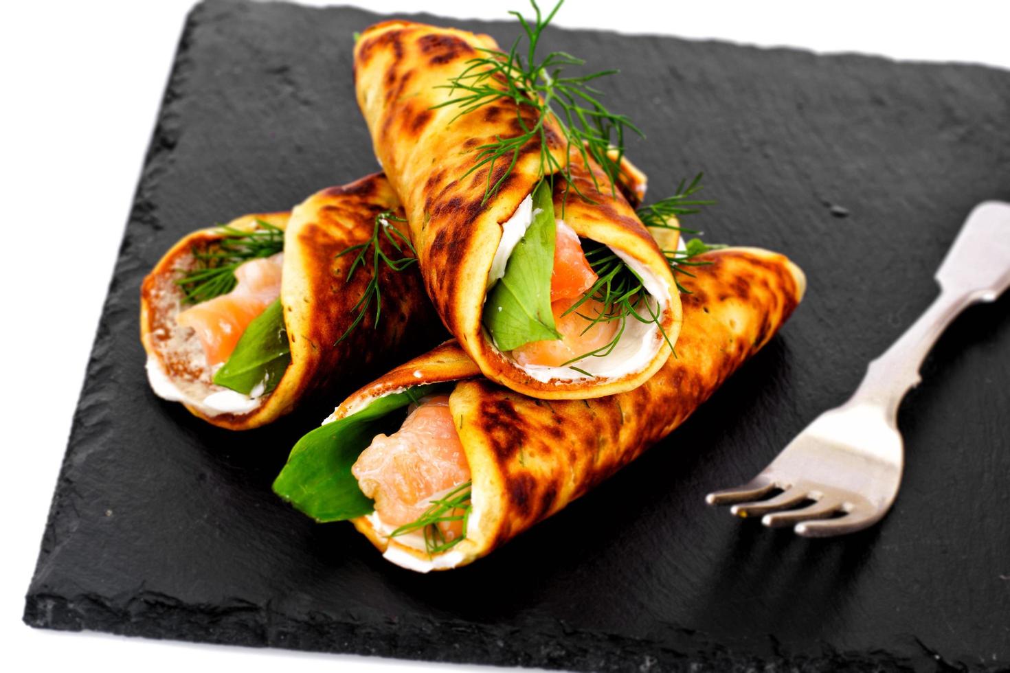 Pancake Rolls with Salmon Fried, Goat Cheese, Fennel and Wild Ga photo